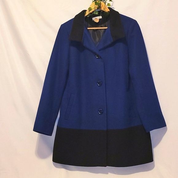 Coldwater Creek. Wool Blend Coat. Blue with Black Trim. Size (L) 14. Like New! - Picture 1 of 7